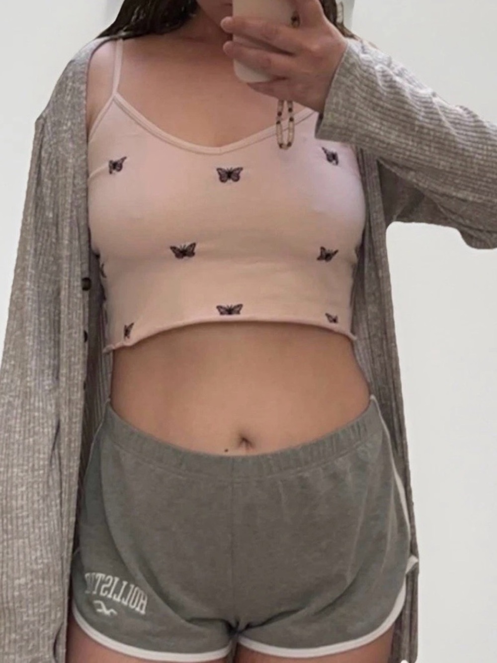 Women’s Y2K Stretch Butterfly Embroidery Light Pink Crop Tank Top Cami Sz Large